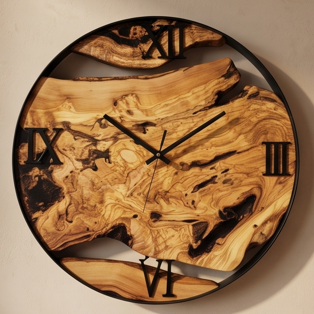 Minimalist Round Olive Wood Wall Clock | Luxury Metal Hoop Statement Clock