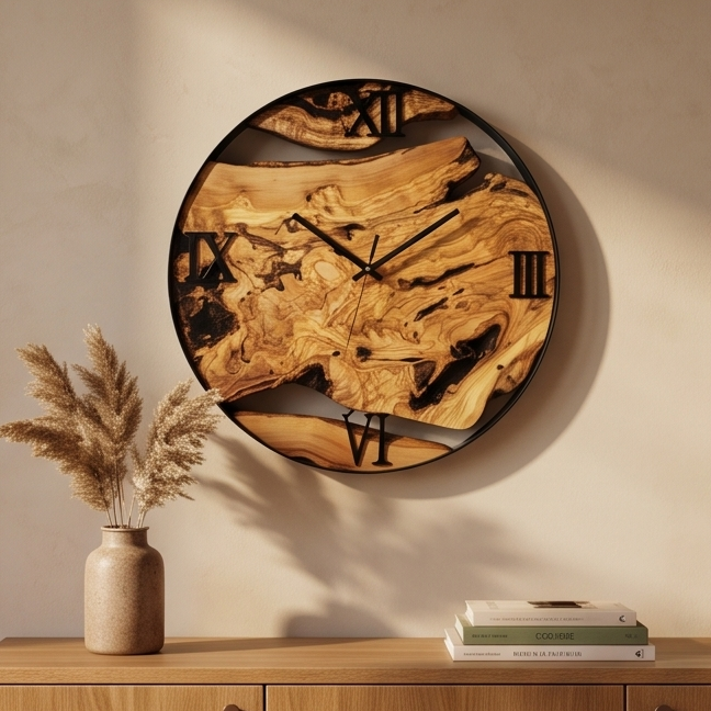 Minimalist Round Olive Wood Wall Clock | Luxury Metal Hoop Statement Clock
