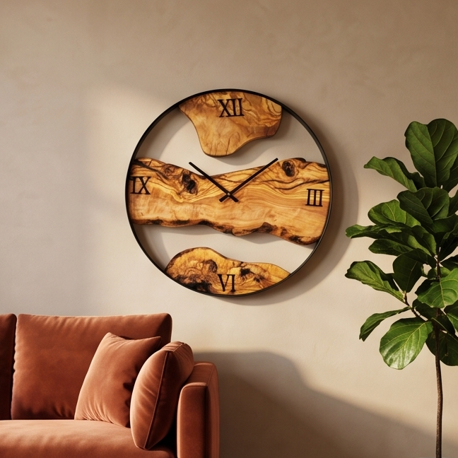 Minimalist Round Olive Wood Wall Clock | Luxury Metal Hoop Statement Clock
