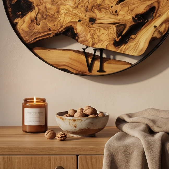Minimalist Round Olive Wood Wall Clock | Luxury Metal Hoop Statement Clock