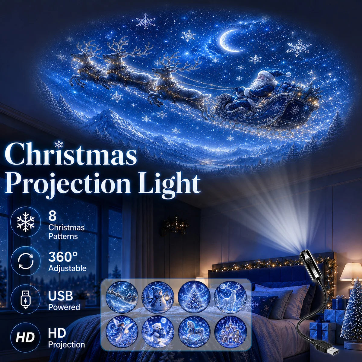 MerryGlow – 8-Pattern Christmas Projection Light